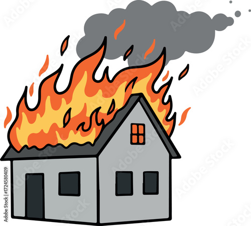 Burning house engulfed in flames with smoke rising into the sky.