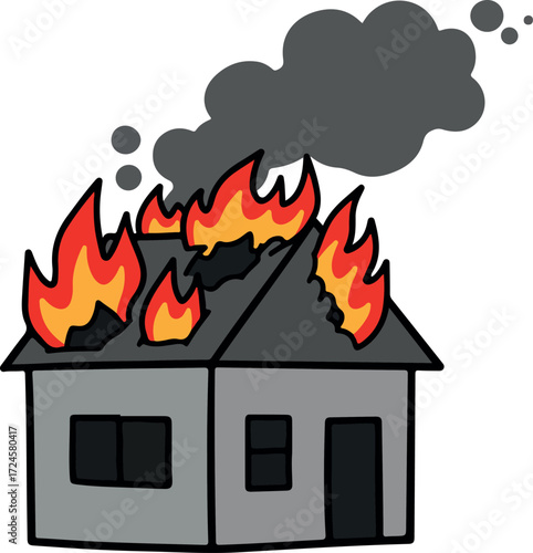 Burning house with flames and smoke a dangerous fire hazard.