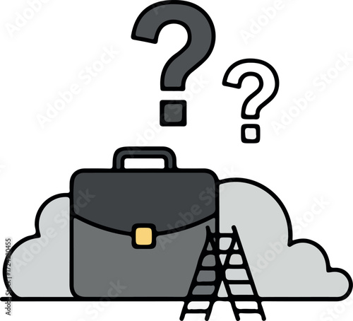 Business briefcase with question marks and a ladder represents career uncertainty.