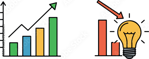 Business growth and idea generation concept with charts and light bulb.