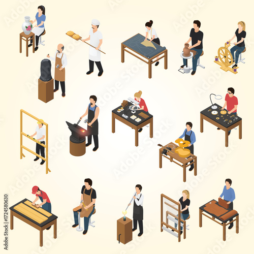 Isometric Illustration of Various Artisans at Work Practicing Crafts Occupations