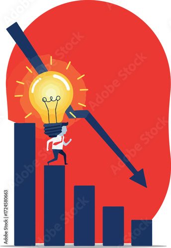 Business person running down a declining graph with a lightbulb.