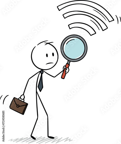 Business person searching for signal with magnifying glass and briefcase.