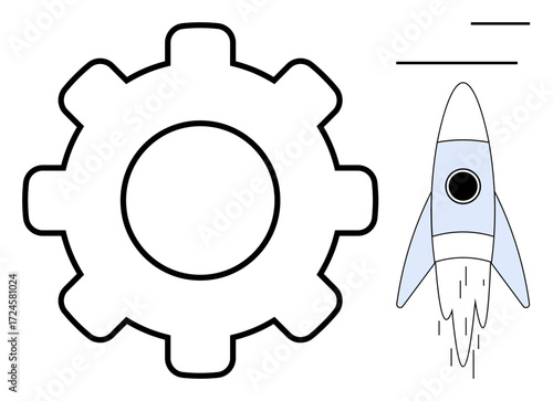 Large gear beside a launching rocket symbolizing teamwork, innovation, and progress. Ideal for concepts thumbs up technology, industry, development, creativity, growth, collaboration