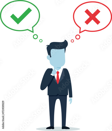 Businessman contemplating choices between right and wrong decisions with thoughts.