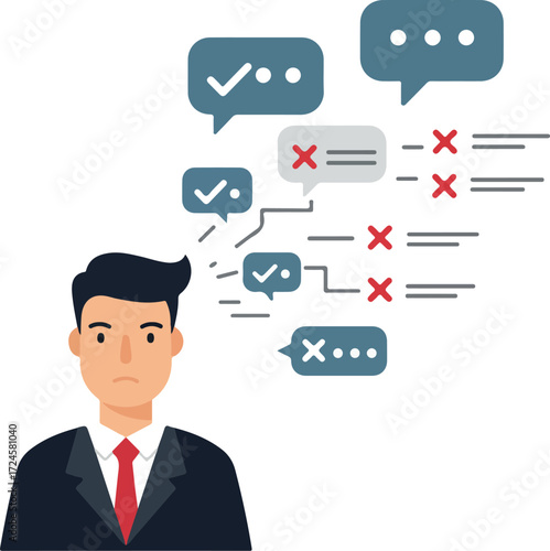 Businessman contemplating decisions with thought bubbles and check marks.