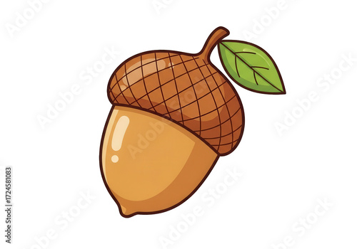 A single cartoon acorn with a green leaf attached to its stem, isolated on a transparent background