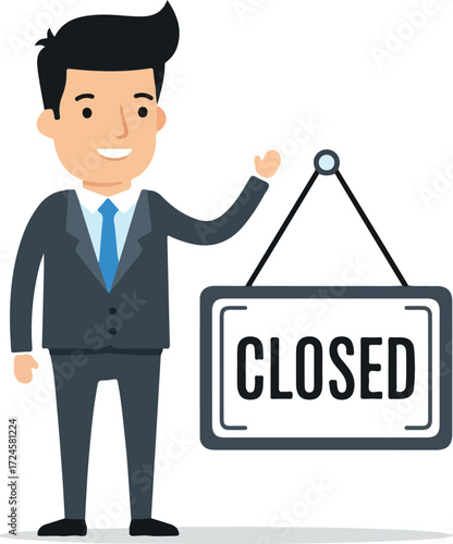 Businessman holding a closed sign indicating the business is unavailable.
