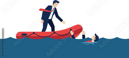 Businessman helping drowning person from a boat.