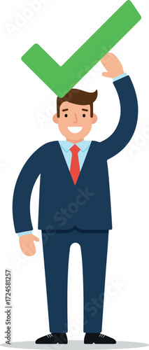Businessman holding a green check mark symbol success concept.