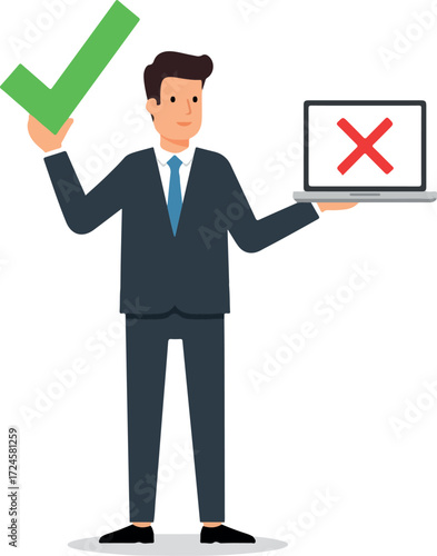 Businessman holding a green checkmark and a laptop with a red cross.