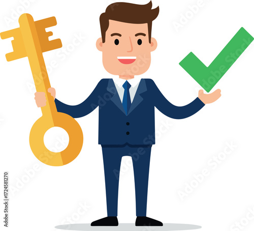 Businessman holding a key and a checkmark representing success and approval.