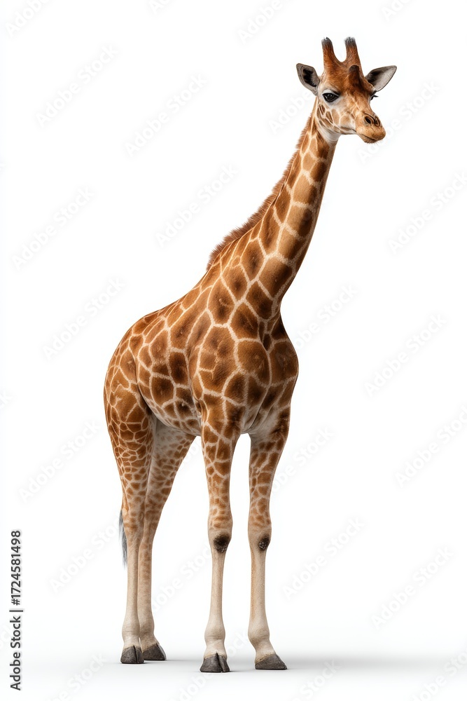 Obraz premium Tall Giraffe on White Background – Elegant African Wildlife Animal with Long Neck and Distinctive Pattern 