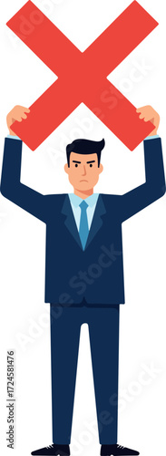 Businessman holding a red cross symbol rejection concept.