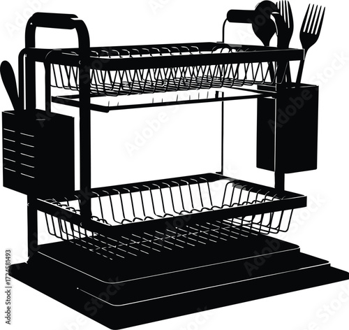 Black dish rack with utensil holder, kitchen organization and storage