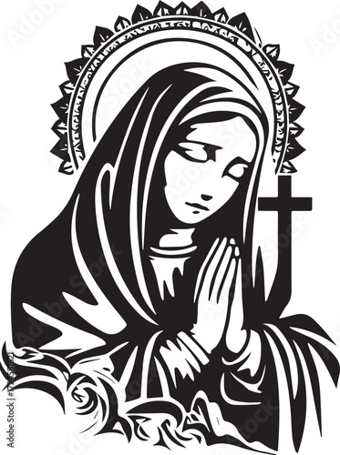 The Virgin Mary: A serene and detailed illustration of the Virgin Mary in prayer, featuring a cross and halo, embodying the essence of faith, spirituality, and devotion.