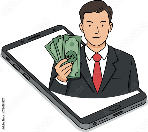 Businessman holding money emerging from smartphone screen representing online finance.