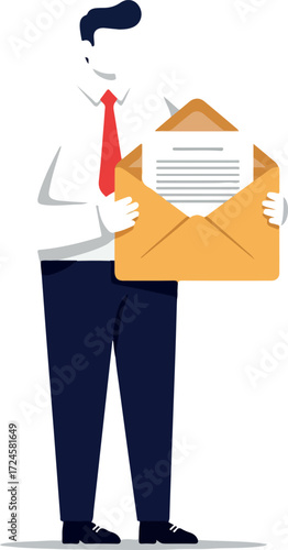 Businessman holding open envelope with letter inside ready to deliver important message.