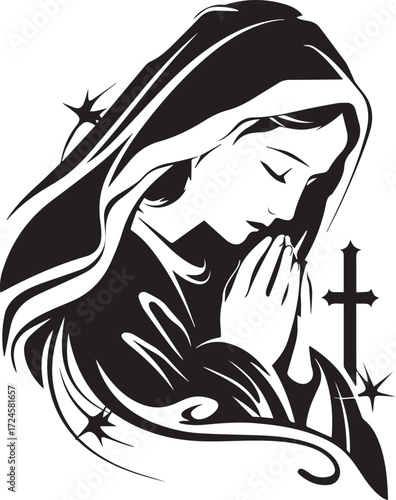 Praying Silhouette: A serene illustration of a woman praying, with a cross and stars in the background. The monochrome style accentuates the subject's spiritual devotion and purity.