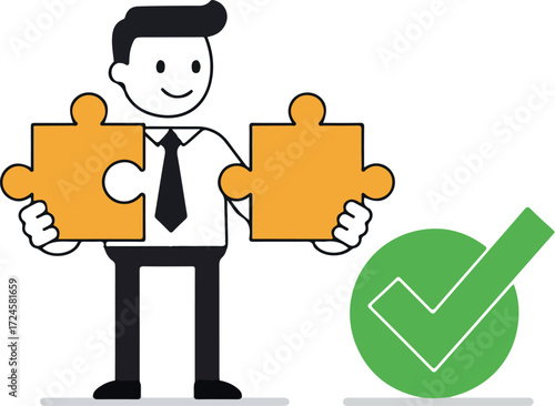 Businessman holding puzzle pieces symbolizing teamwork and problem solving.
