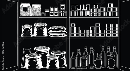 Monochrome pantry interior with food storage, jars, cans