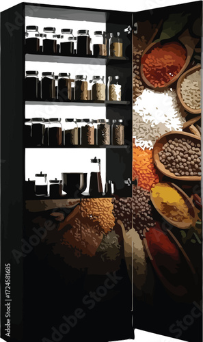 Dark pantry cabinet with spices, jars, and wooden spoons filled with herbs