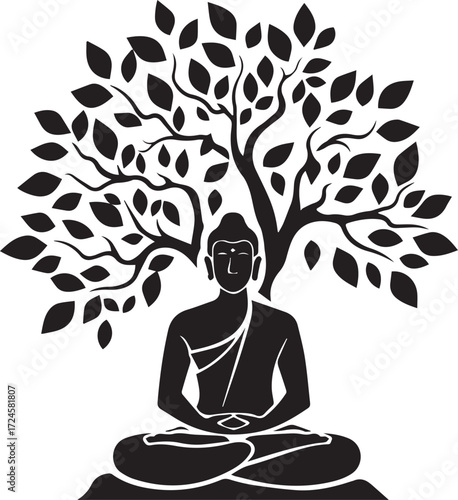 Buddha's Serene Contemplation: A graphic representation of the meditating Buddha beneath a Bodhi tree, exuding tranquility and spiritual depth.