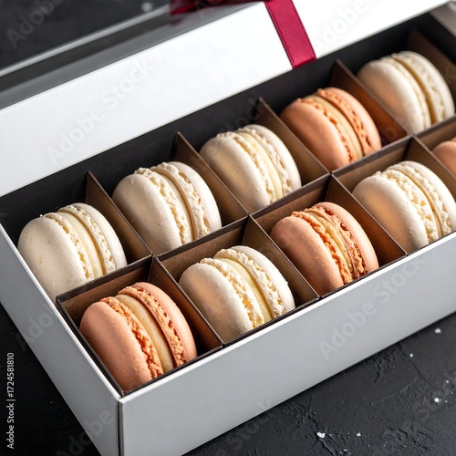 Colorful macarons in a white box