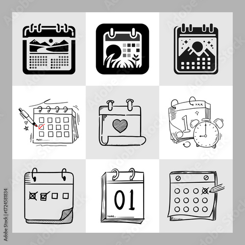 Collection of hand drawn calendar icons with notes and reminders