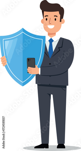 Businessman holding shield and phone protecting digital data and information.