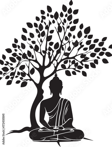 Serene Contemplation: The silhouette of a meditating figure rests peacefully beneath the branches of a tree, a tranquil depiction of mindfulness and spiritual calm.