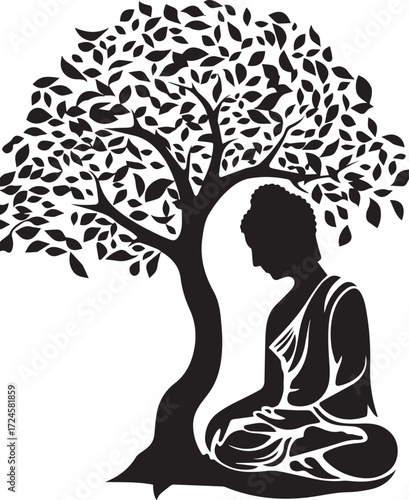 Meditation under the Bodhi Tree: A tranquil depiction of Buddha in deep meditation beneath a sacred Bodhi tree, capturing the essence of peace and spiritual awakening.