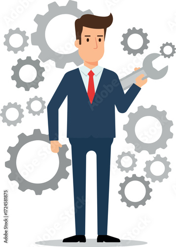 Businessman holding wrench standing among gears representing industry and technology.