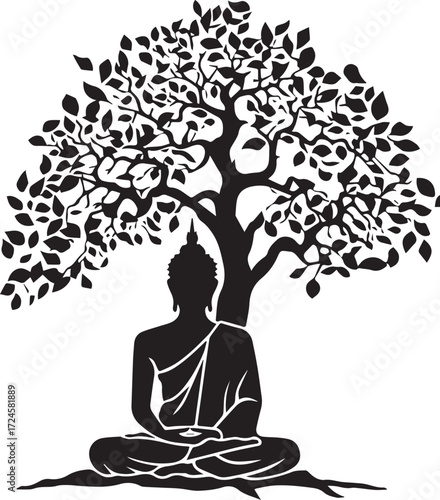 Tranquil Enlightenment: An intricate illustration captures the serene image of Buddha meditating peacefully beneath the sheltering embrace of a tree. The scene.