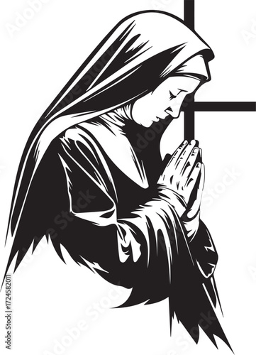 Praying Nun by Cross: A reverent representation of a nun in prayer, her hands clasped in supplication before a simple cross, conveying serenity and religious devotion.