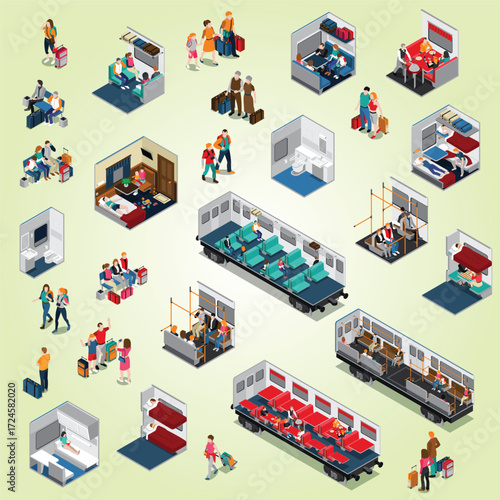Isometric Train Interior with Passenger Activities and Facilities Detailed Illustration