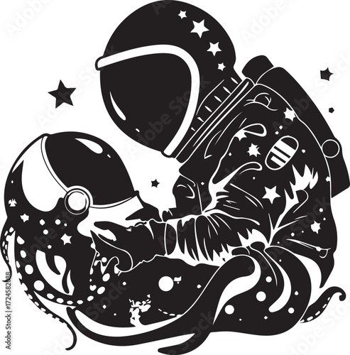 Cosmic Companionship: A striking graphic illustration of an astronaut embracing an octopus in the vast expanse of space, depicting themes of unity and wonder. 