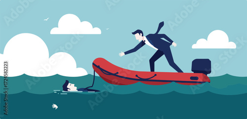 Businessman Rescuing Drowning Person from Boat in Ocean.