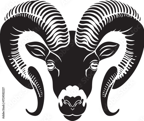 Powerful Ram Silhouette: A stark black and white silhouette of a majestic ram, its impressive horns and detailed features showcasing strength and resilience. 