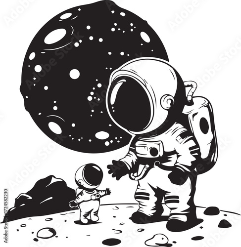 Astronauts on a Cosmic Journey: A whimsical illustration captures the wonder of space exploration, featuring two astronauts on a lunar surface against a backdrop of a celestial body.