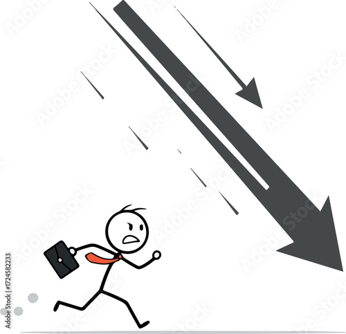 Businessman running away from a falling arrow representing economic decline.