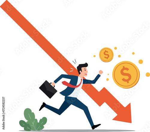 Businessman running away from a falling arrow representing financial crisis.