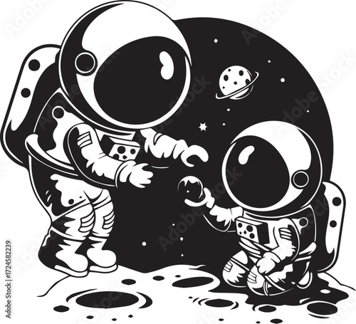 Celestial Handshake: Two astronauts, in their space suits, engage in an intimate moment on the surface of another planet, sharing a cosmic handshake under the watchful eye of the cosmos.