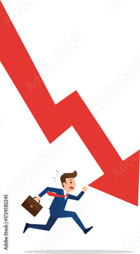 Businessman running away from a falling red arrow representing financial crisis.