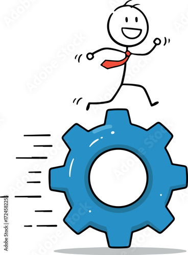 Businessman running on gear wheel representing business process and efficiency.