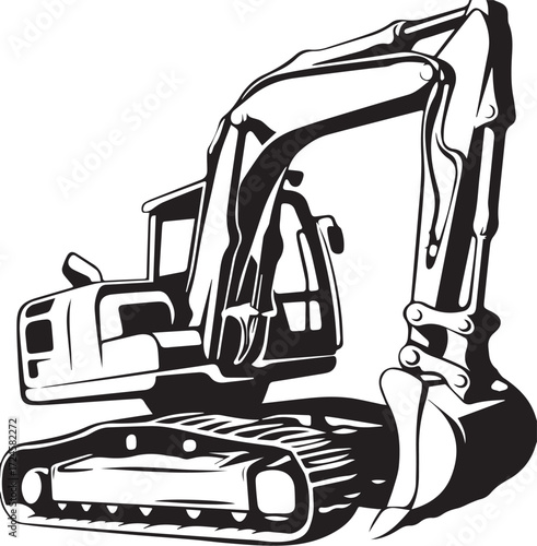The Powerful Machine: A robust excavator, rendered in a striking black and white graphic, stands poised, ready for its next heavy-duty task on a construction site.