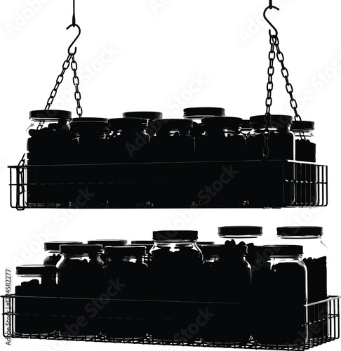 Hanging wire baskets with glass jars filled with food, storage solution