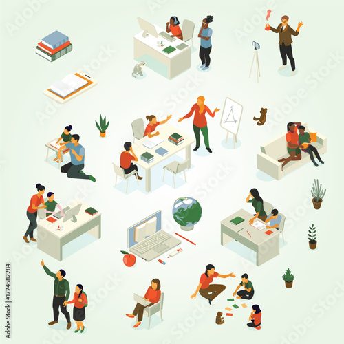 Isometric Illustration of Home Education and Online Learning with Families