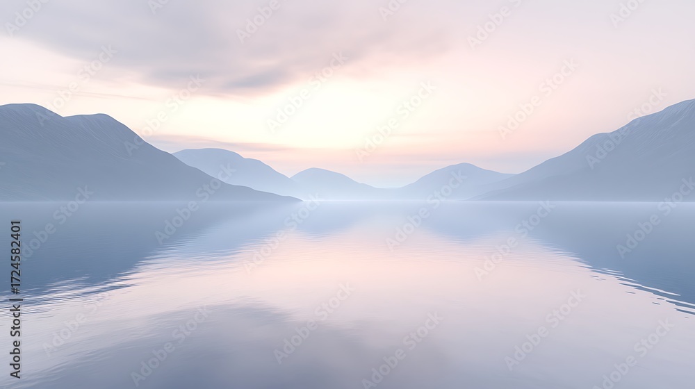 Fototapeta premium Peaceful mountain lake reflecting serene dawn sky with soft pastel colors for tranquil calm atmosphere scenic natural landscape peaceful reflective majestic outdoor beauty concept