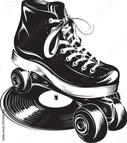 Retro Roller Skate: A retro roller skate with vinyl record base, a stylish design for all things vintage, celebrating the aesthetics of leisure and nostalgic recreation.